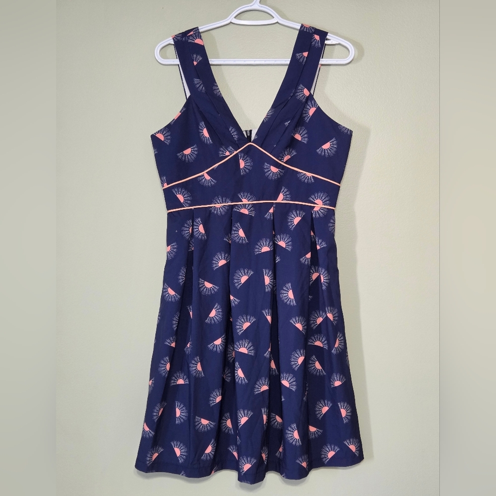 Pink Martini Navy Blue Fan Print V-Neck Empire Waist A-Line Dress Sz M Retro